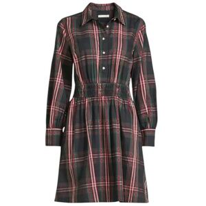 Free Assembly Women’s Plaid Smocked Waist Collared Holiday Tartan Dress